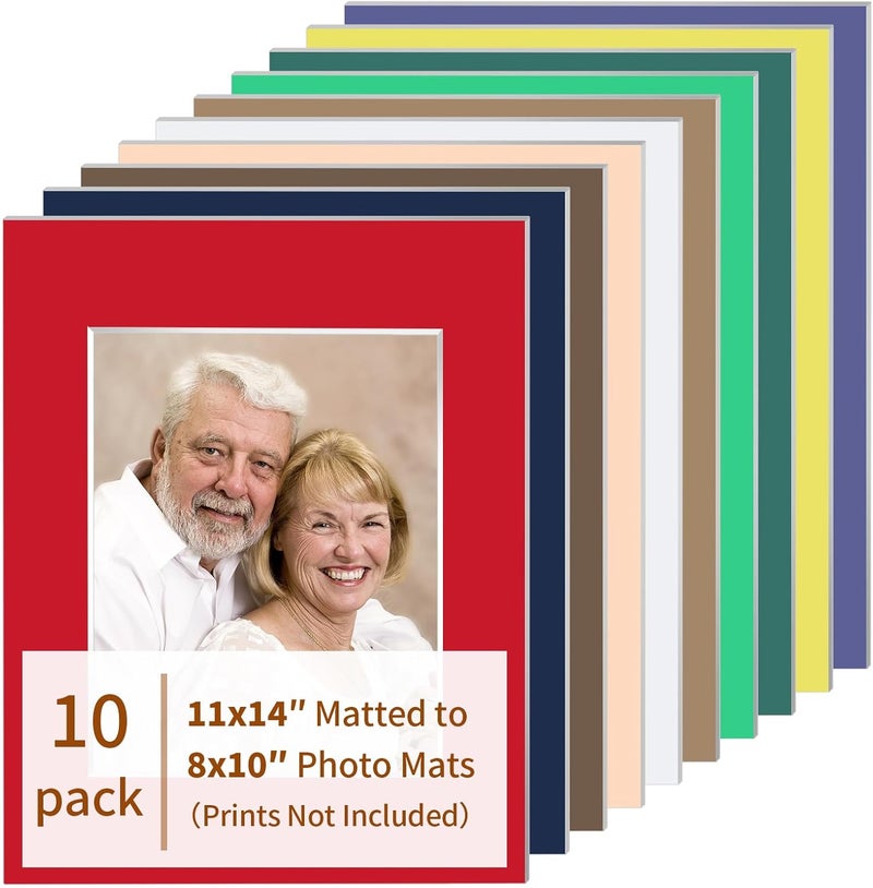YEESON 10 Pack Picture Frame Mats, 11x14 Matted to 8x10 Photo Mats, Acid Free Picture Matting for Pictures Photos Watercolor Artwork(Mixed Color) - Image 1